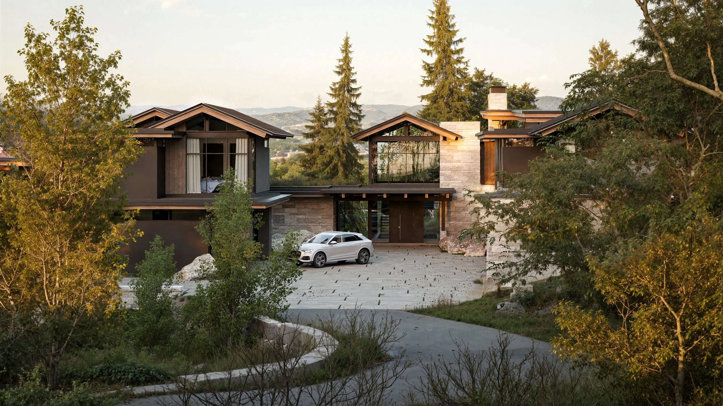 Modern house with large glass windows and stone facade, surrounded by trees, and a white car parked in the driveway.