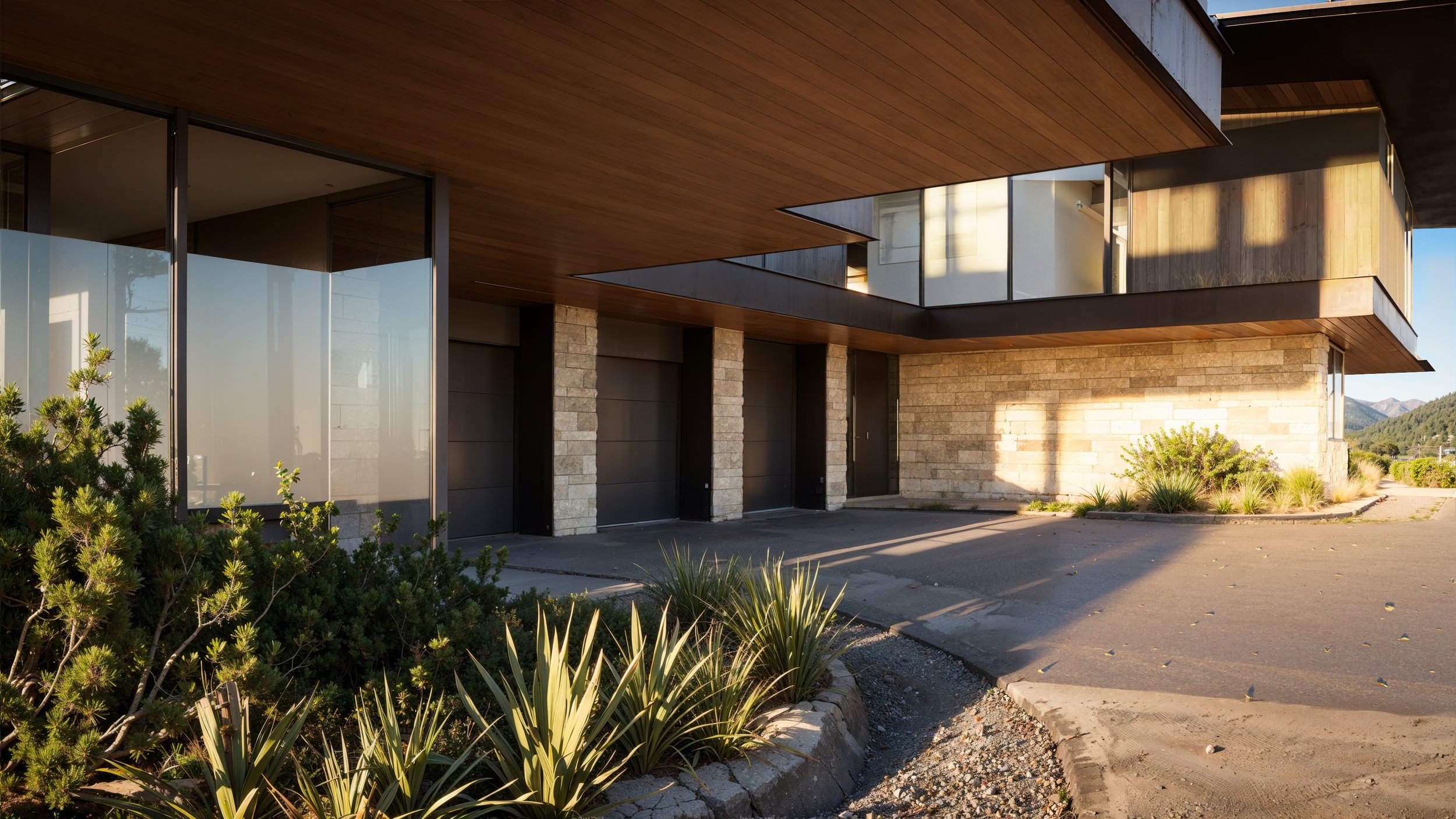 Modern building with stone and wood exterior, large glass windows, and a driveway with desert plants and landscaping.