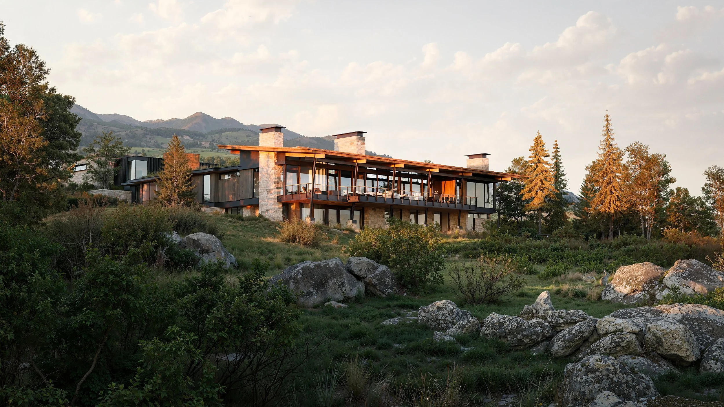 Modern house on a hillside surrounded by trees and rocks, with mountains in the background, during sunset.