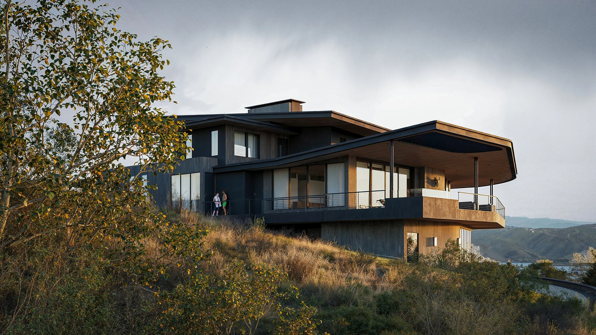 Modern house with large glass windows and a curved roof, situated on a hillside with trees in the foreground and mountains in the background.