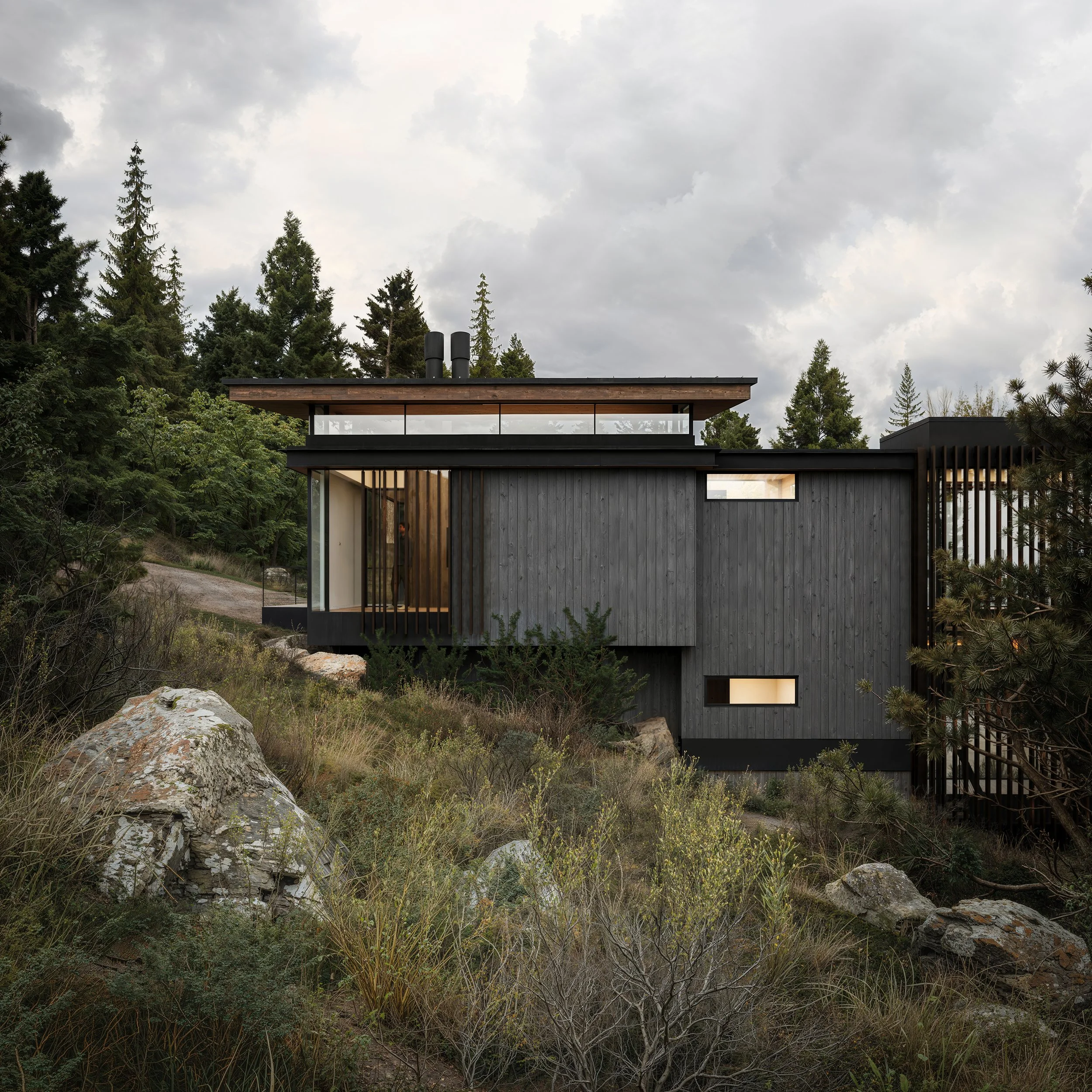 Modern house with dark wooden exterior on a hillside surrounded by trees, rocks, and shrubs, under a cloudy sky.
