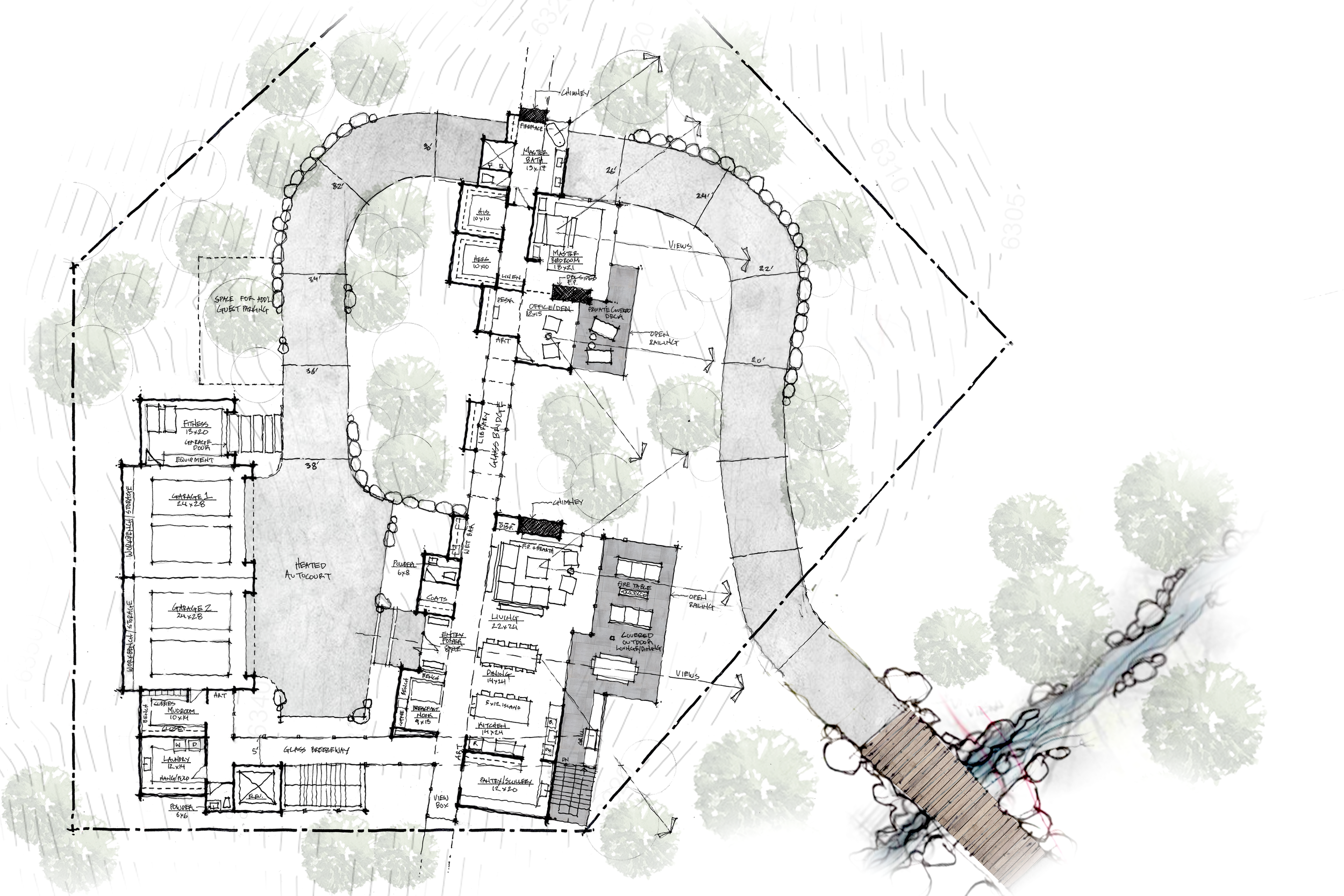 Architectural blueprint or site plan of a house surrounded by trees, with pathways, pools, and various rooms labeled.
