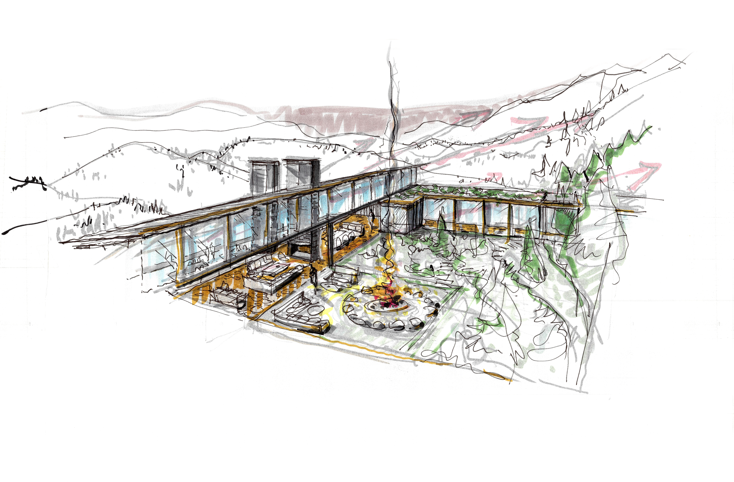 Sketch of a modern building with a glass facade, an outdoor fire pit with seating, surrounded by trees and hills in the background.