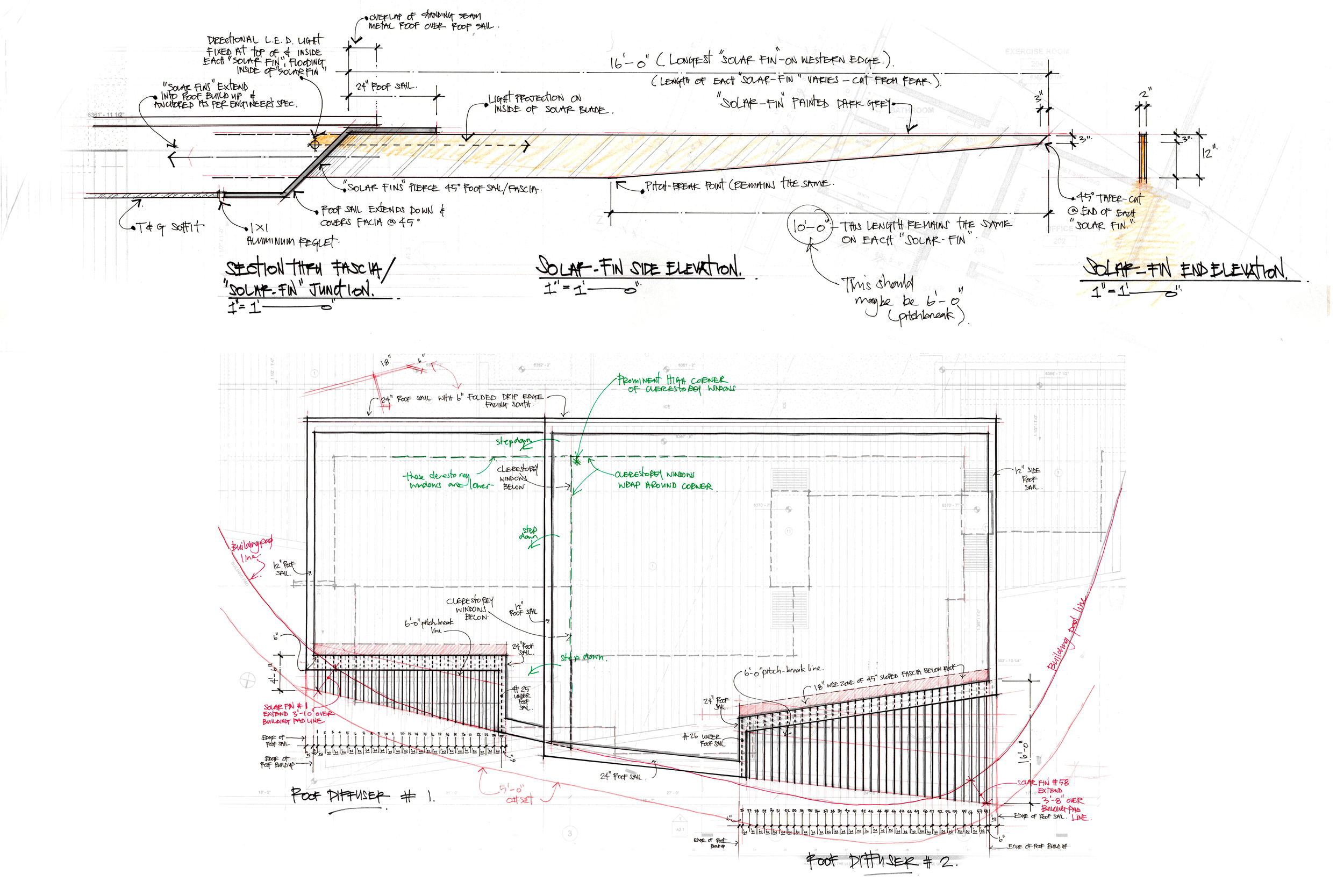 Architectural blueprint with detailed annotations for solar fins and roof structures, including side and end elevations, measurements, and construction notes.