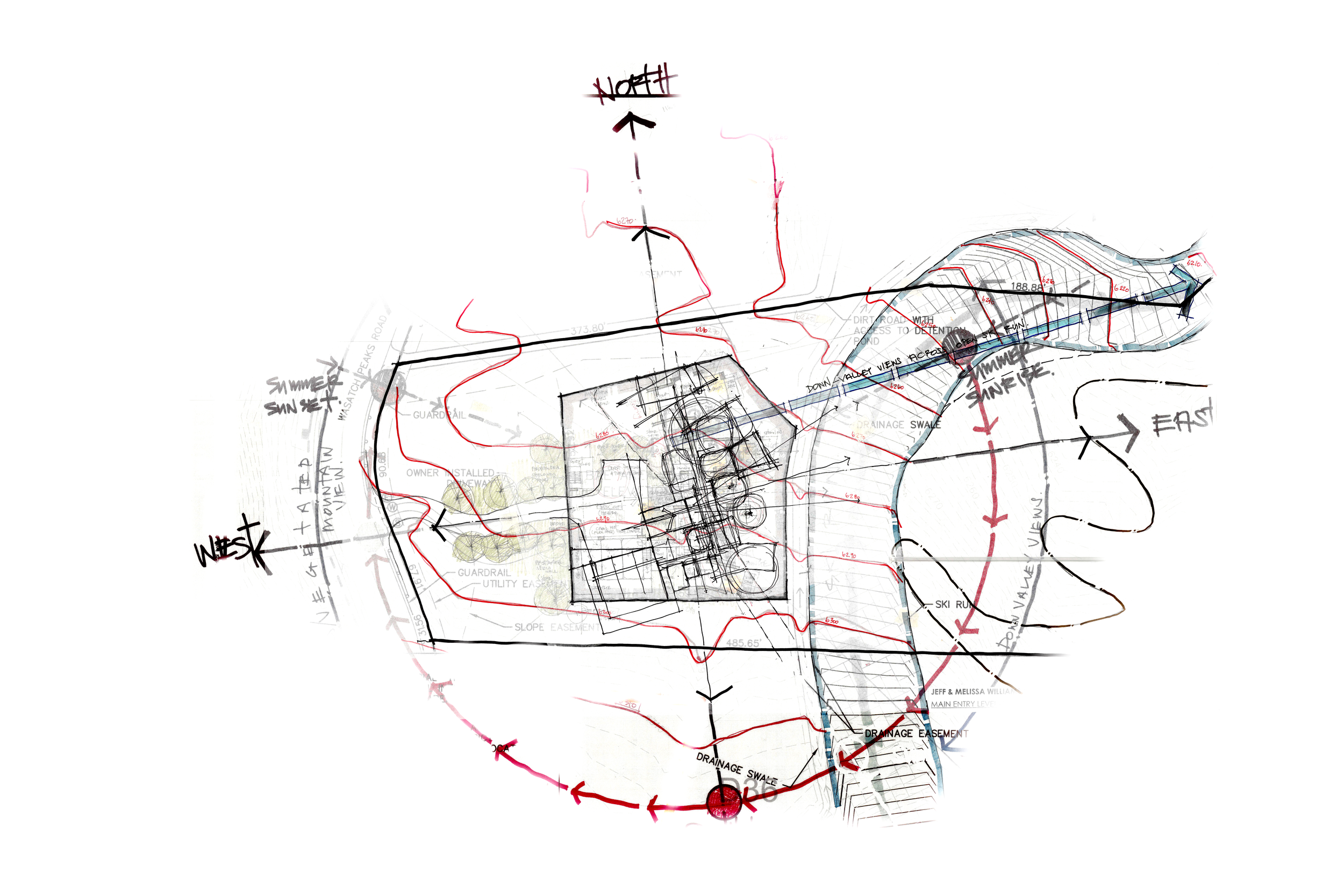 A detailed architectural site plan with handwritten notes and measurements, indicating directions labeled as North, South, East, and West, and design elements such as drainage swale and ski run.