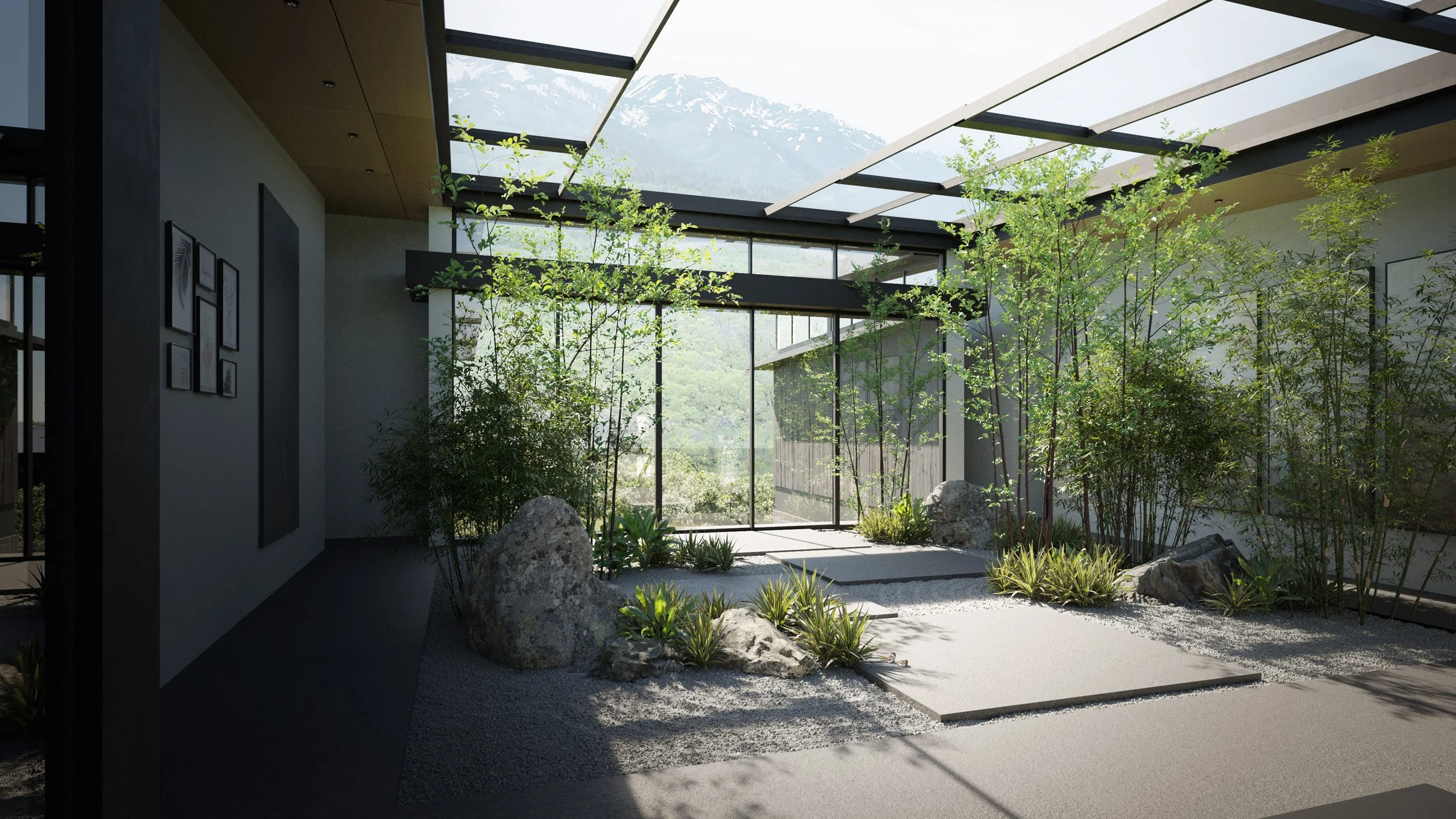 Modern indoor garden with large glass windows, rocks, and green plants, overlooking mountains.