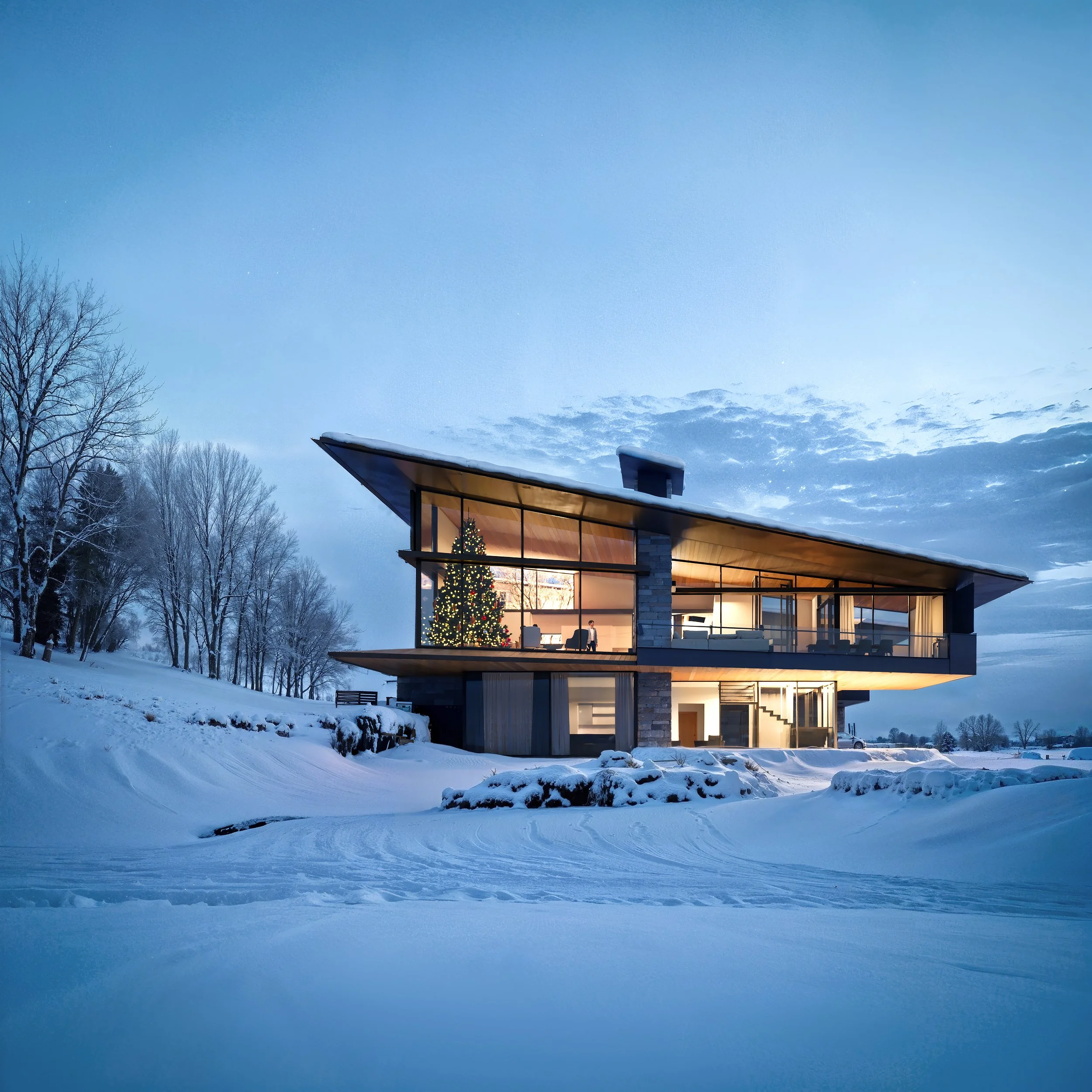 Modern house with large glass windows, decorated Christmas tree inside, surrounded by snow, in winter evening