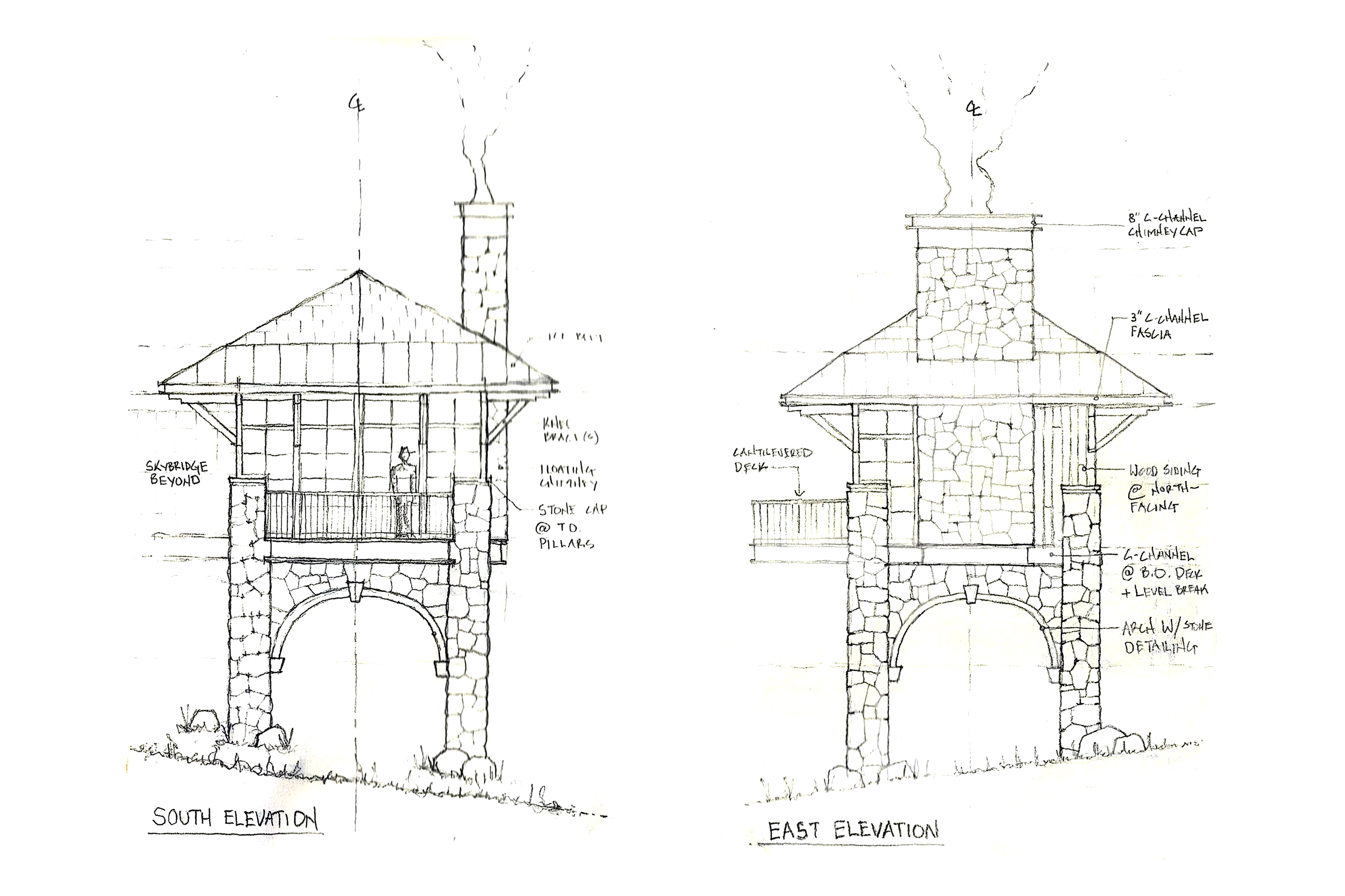 Architectural hand-drawn sketches of a two-story structure showcasing south and east elevation views, featuring stone and wood facade, balcony, chimney, and detailed construction notes.