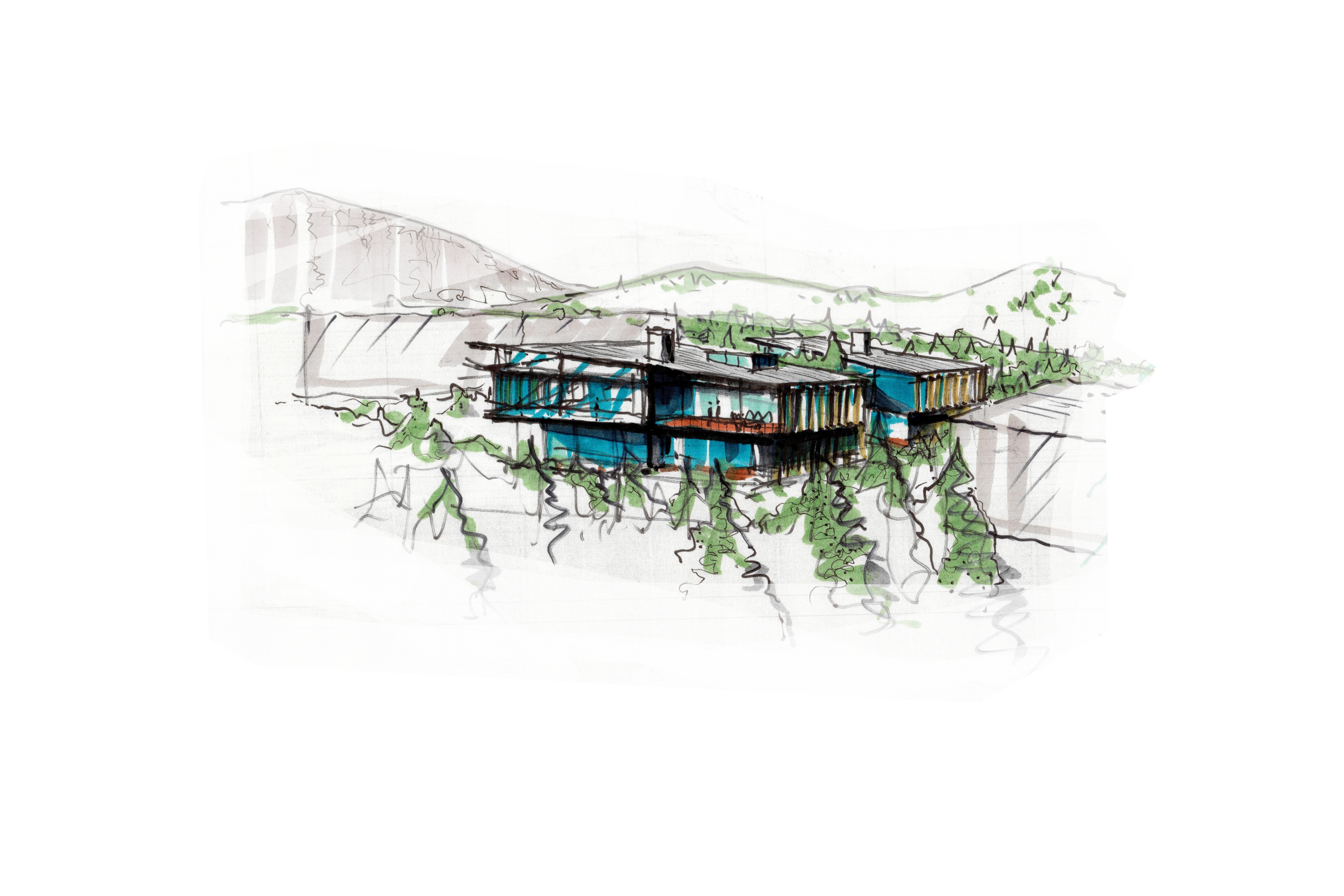 A conceptual sketch of modern multi-story building with mostly glass exterior, surrounded by greenery and mountains in the background.