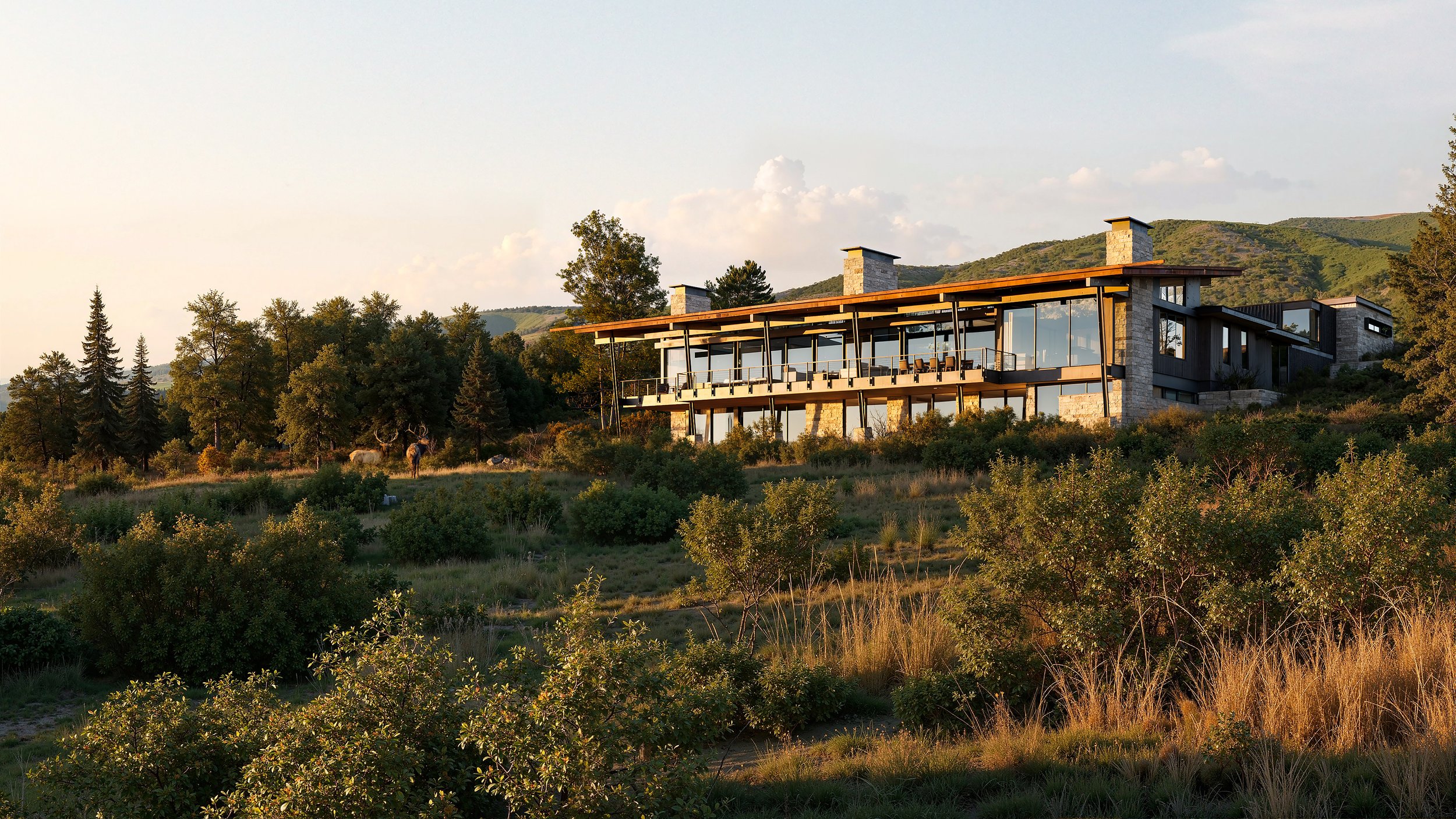 Modern house on hillside with large glass windows, surrounded by greenery and trees, under a partly cloudy sky at sunset.