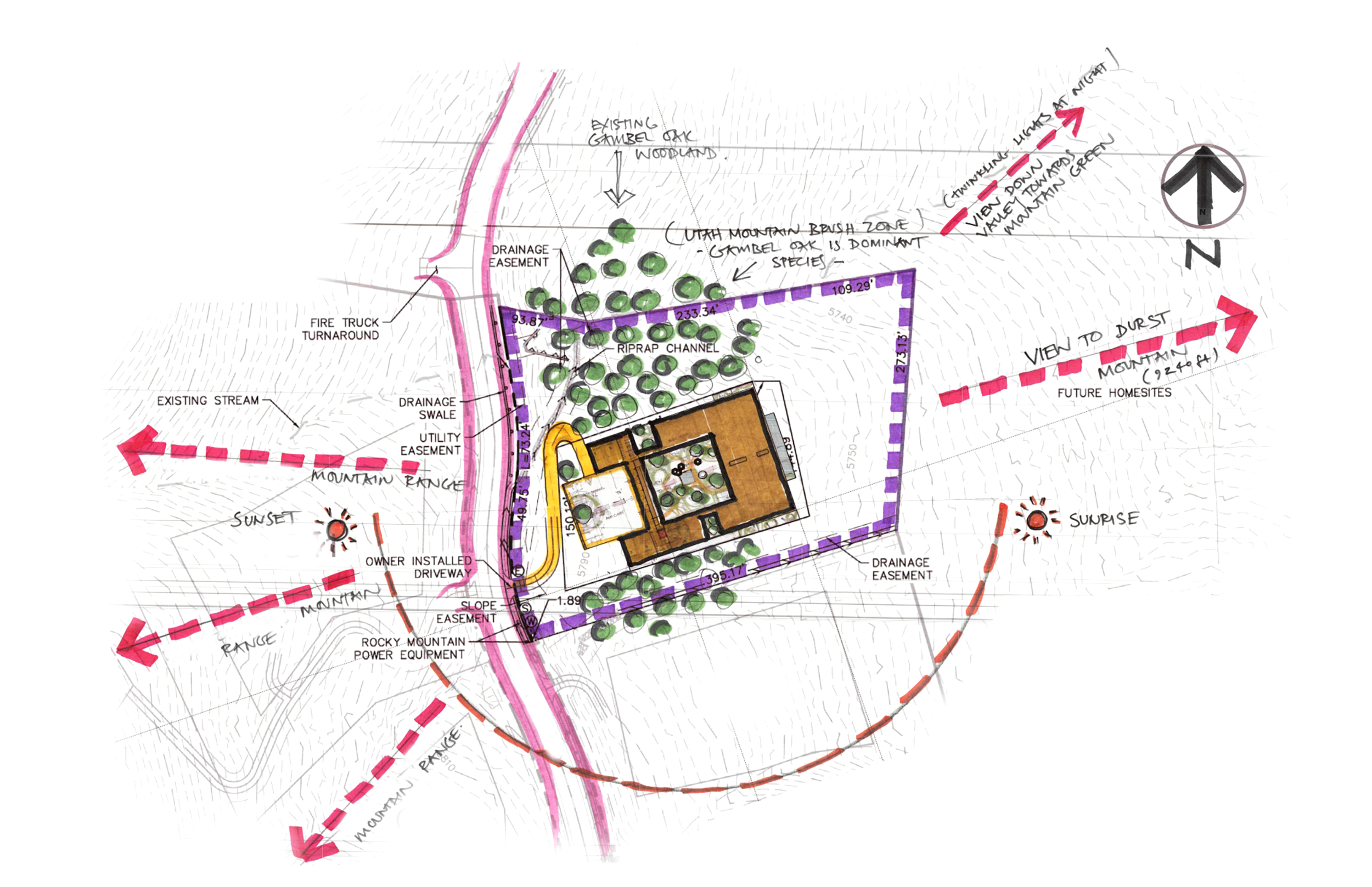 A detailed landscape architectural plan showing a house surrounded by trees, pathways, drainage features, and labeled zones such as mountain range, sunset, and sunrise, with directional arrows and measurements.
