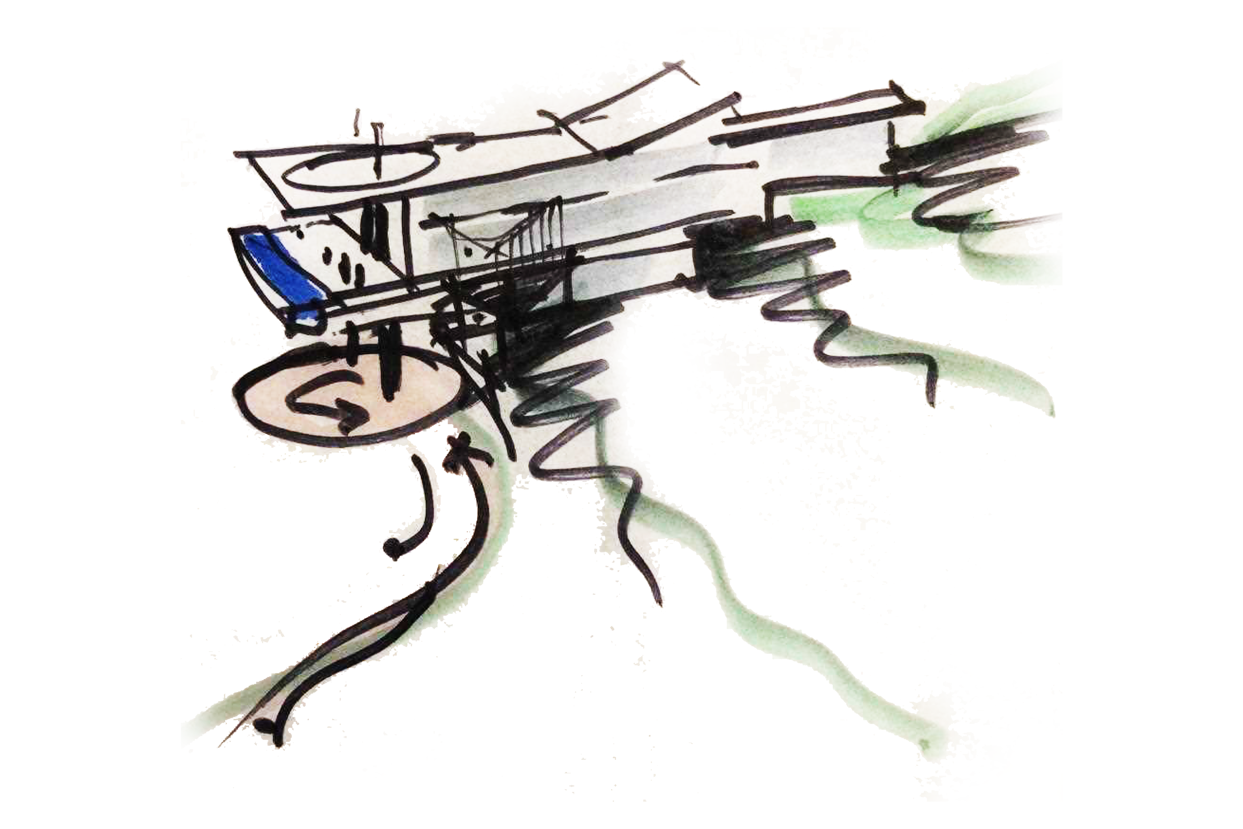 An abstract sketch of a modern house with multiple levels, large windows, and a rooftop deck, featuring pathways and greenery surrounding the structure.