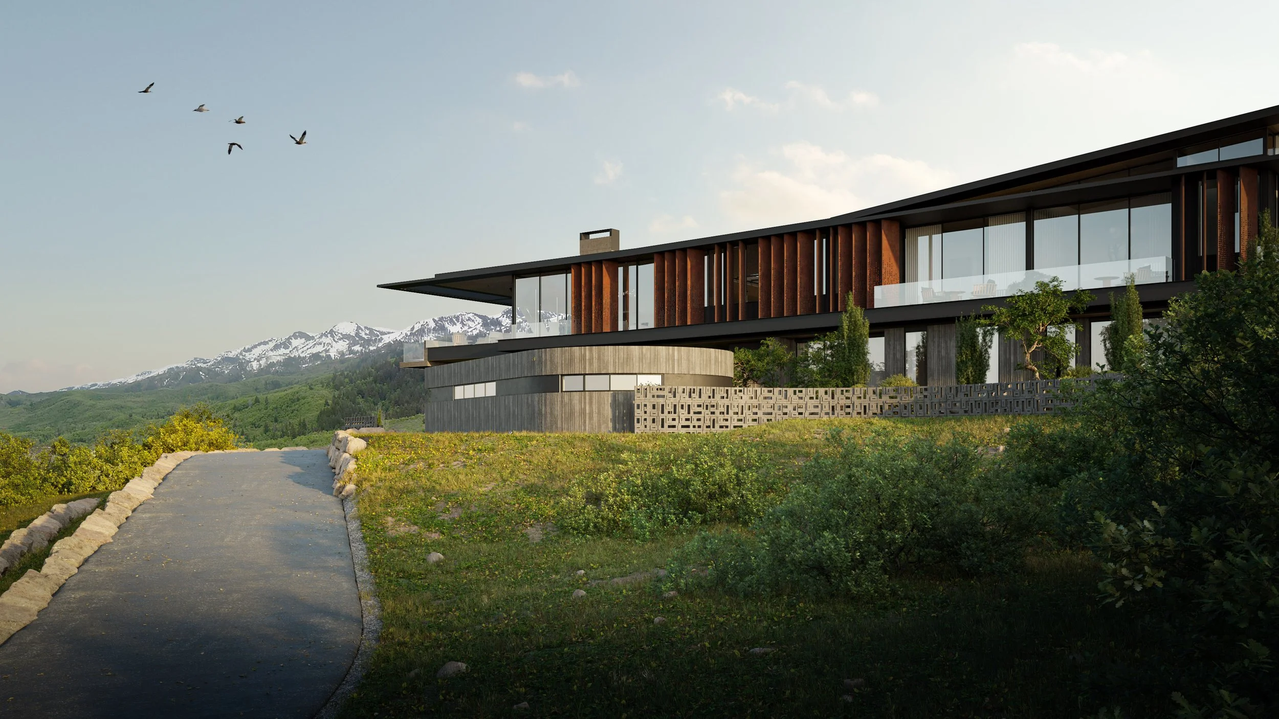 Modern house with large glass windows and wooden vertical slats, situated on green landscape with a winding path, snow-capped mountains in the background, and birds flying in the sky.
