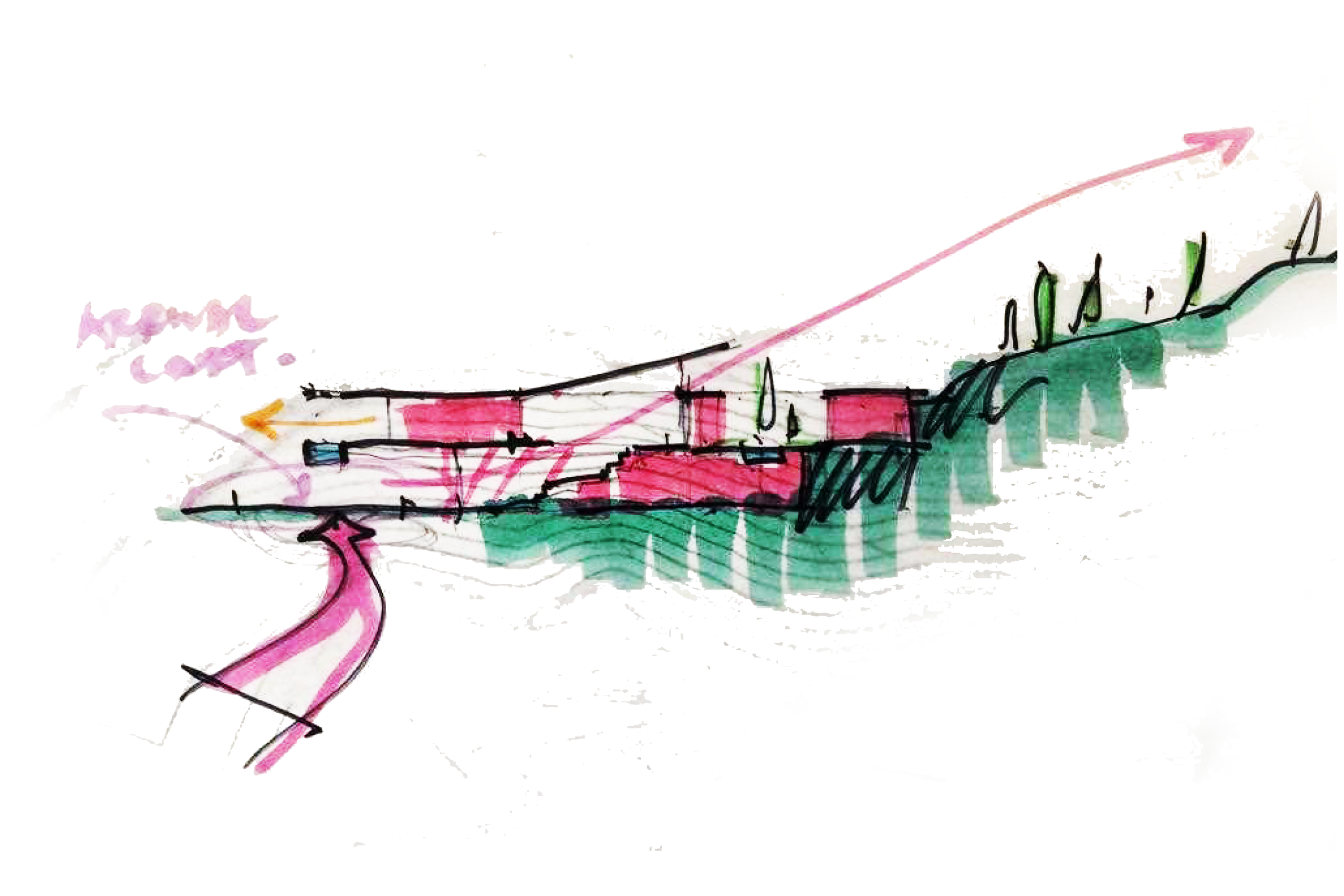 A colorful sketch of an architectural elevation with black lines, pink rectangular shapes, and green shaded areas, including a pink arrow and a pink curved line.