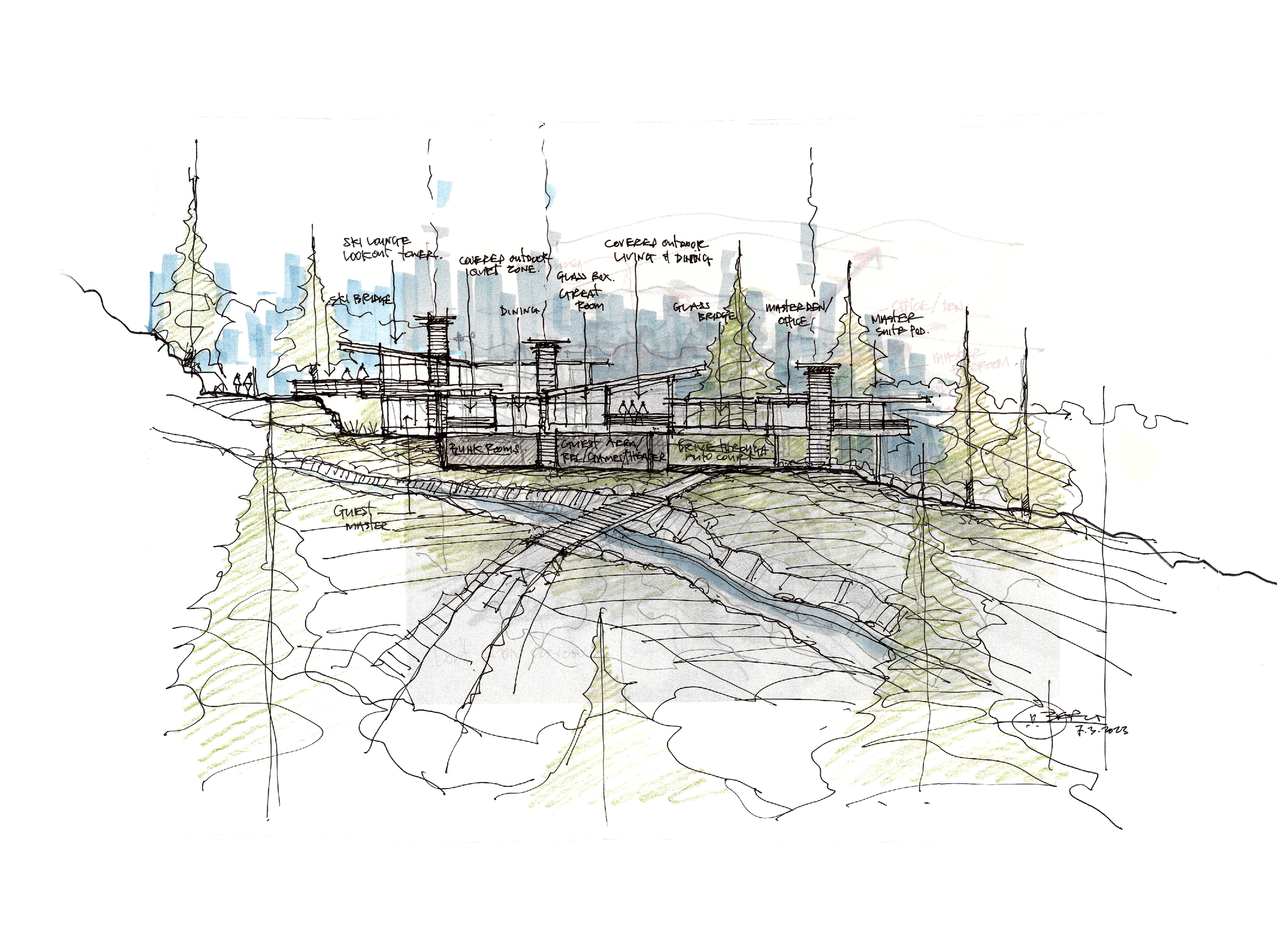 This is a sketch of a house design drawn on a hillside with labels. The sketch includes trees, a stream, and notes about the layout such as skylights, outdoor living areas, guest rooms, and a master bedroom. The drawing is signed and dated.