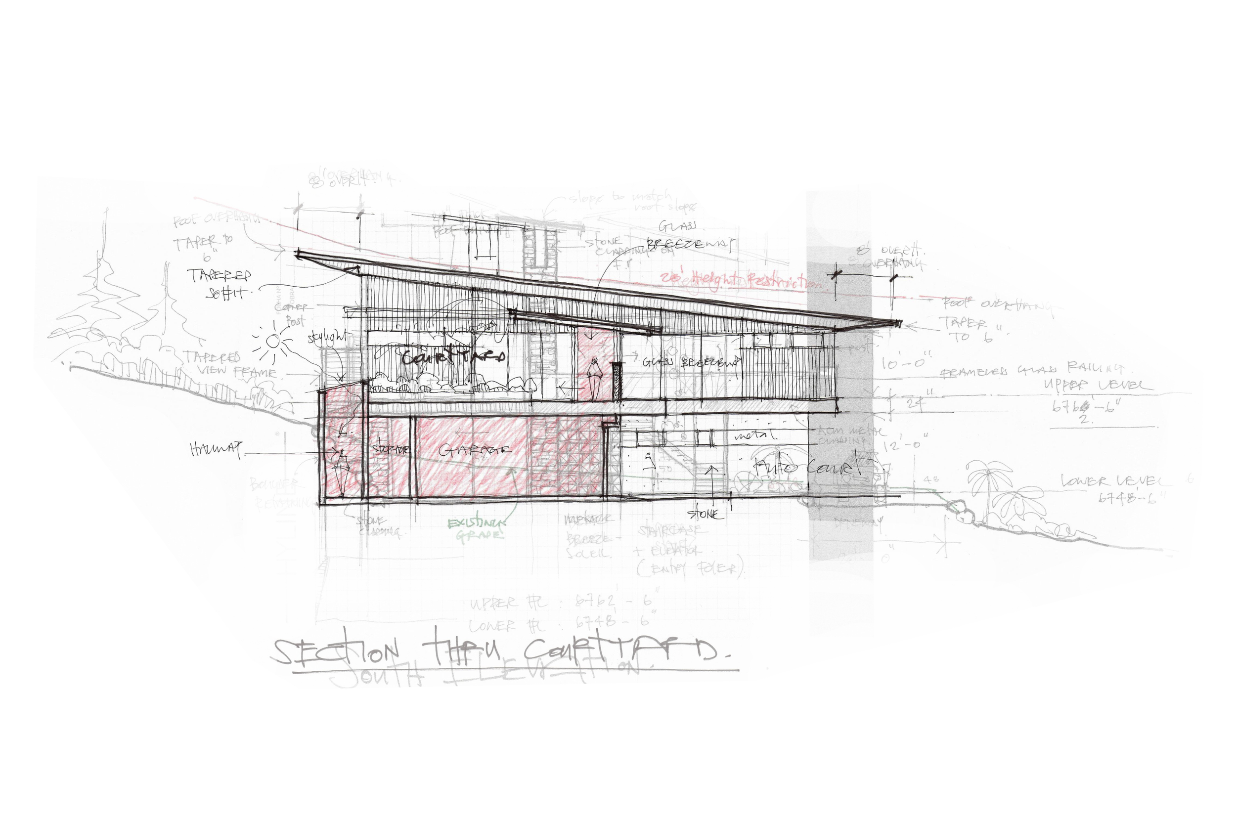 A detailed architectural sketch of a modern two-story house with annotations, showing the front elevation, roof slope, garage, windows, and landscape elements such as trees and plants.