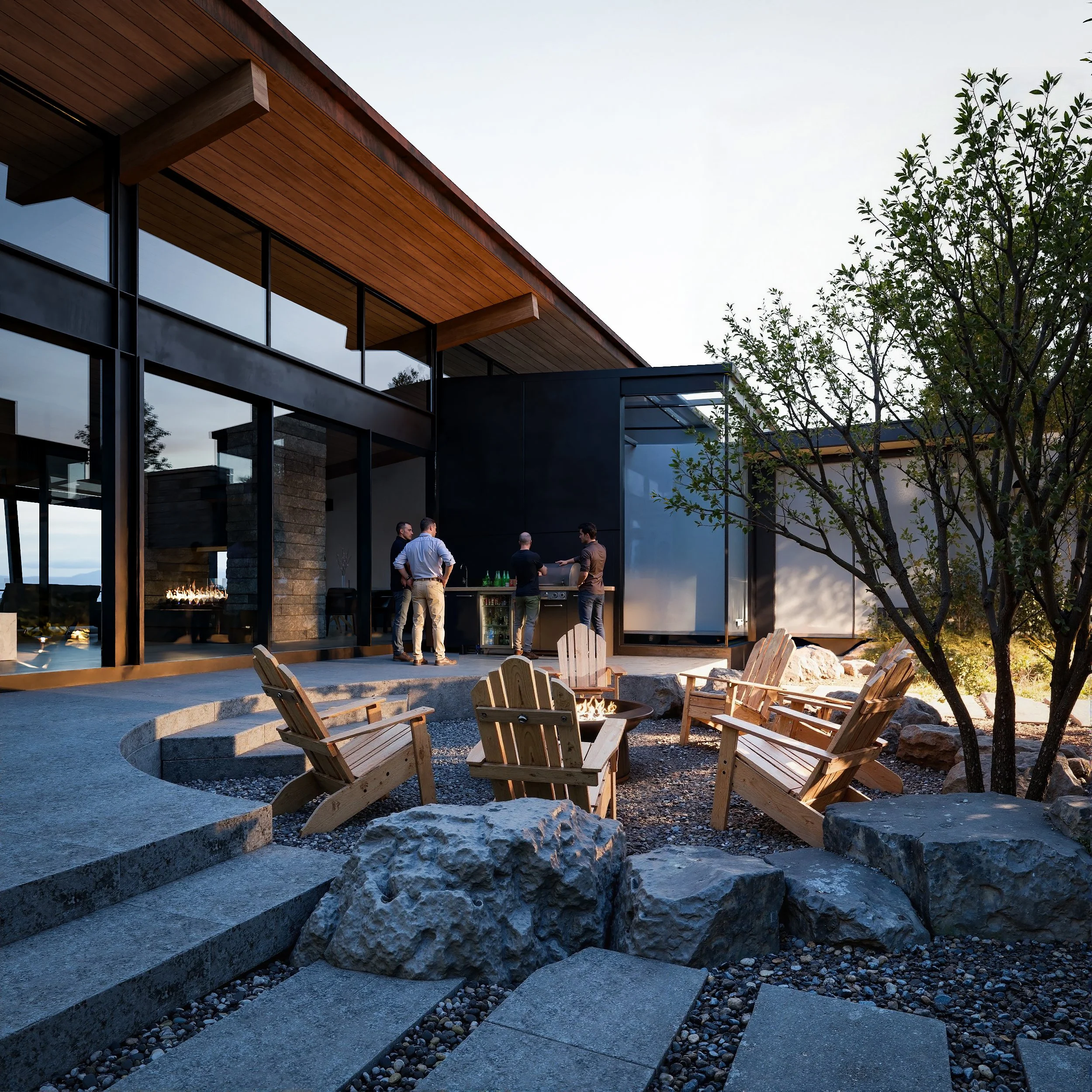 A modern house with large glass windows and a wooden roof overhang, featuring an outdoor patio area with a fire pit surrounded by wooden Adirondack chairs, a group of people around a grill, and a landscaped yard with rocks and trees.