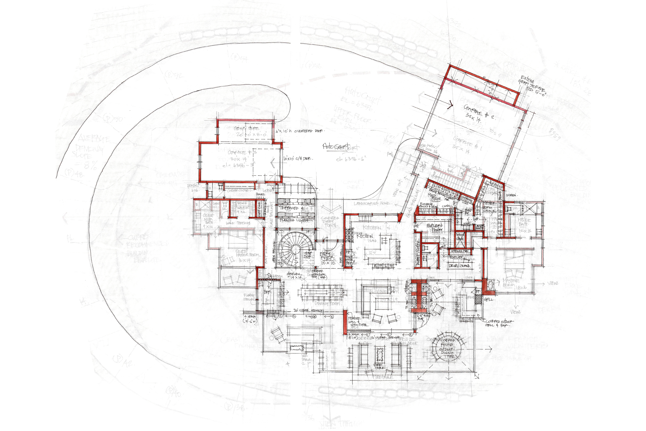 Architectural blueprint of a house floor plan with rooms, labels, and measurements, outlined in red.