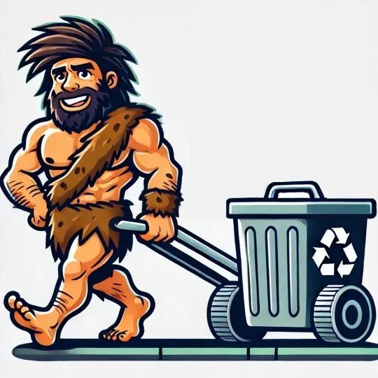 Cartoon caveman pushing a trash can on wheels