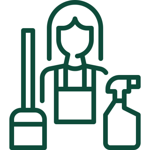 Line drawing of a woman holding a cleaning mop and spray bottle.