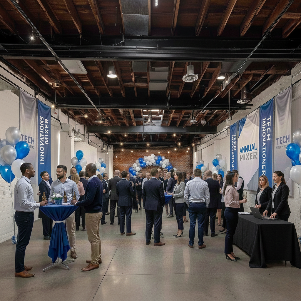A professional networking event with people socializing and standing around high-top tables with blue tablecloths in a decorated venue. The room has banners reading 'Tech Innovations Mixer' and 'Annual Mixer' with blue, white, and silver balloons and balloon arches adorning the space.