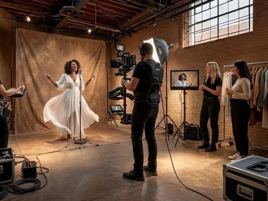 A woman is filming a video in a studio with a brown backdrop while a crew operates cameras and lighting, capturing her singing.