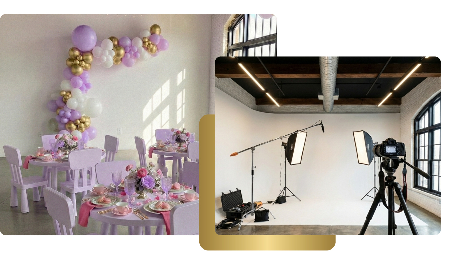 A decorated event space with a pastel pink and purple theme, featuring tables set with floral centerpieces, balloons arranged on a wall, and a professional photo studio with lighting equipment and a camera setup.