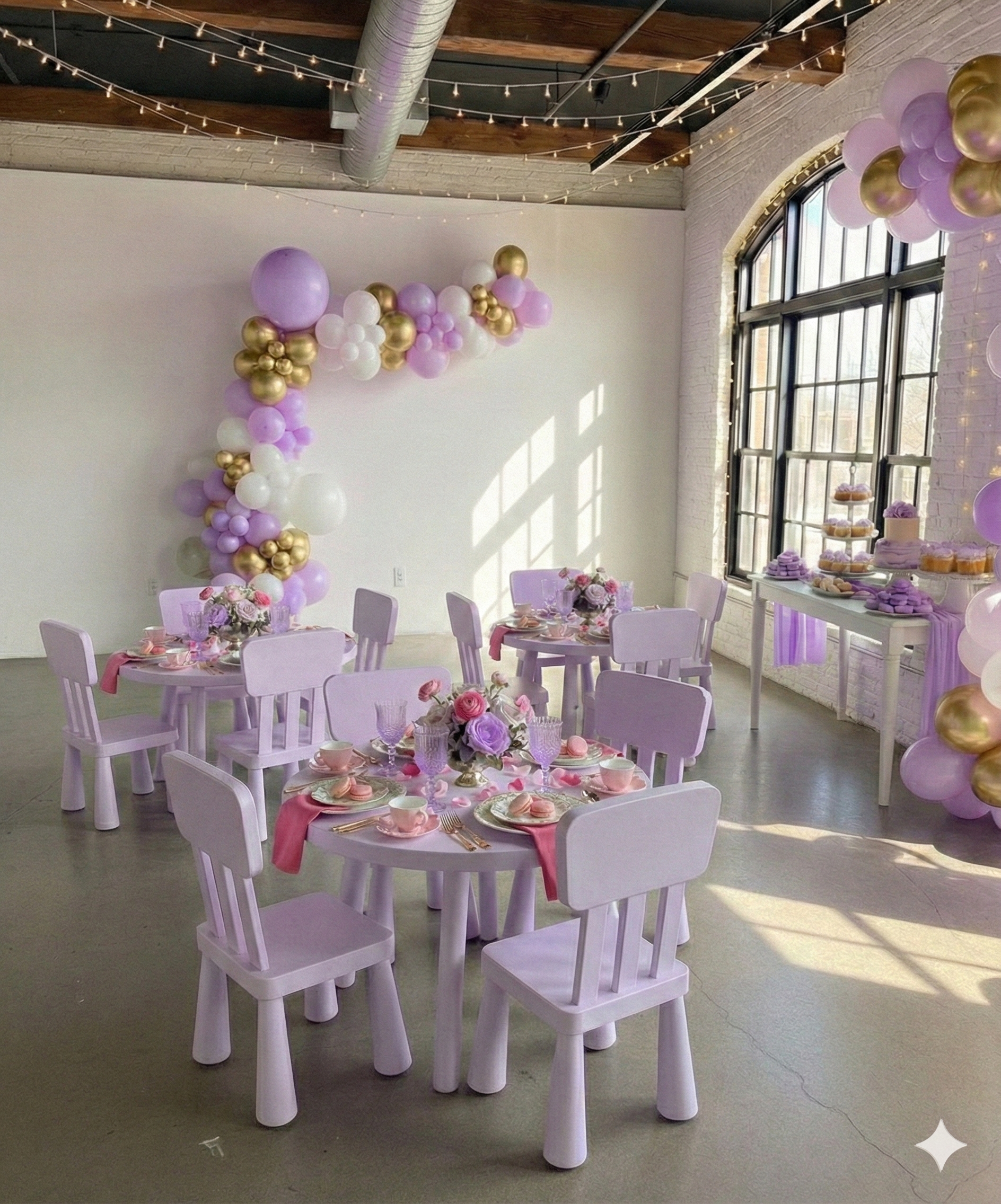 Shanghai-style styled birthday party setup with white tables and chairs, pink tablecloths, pastel-colored flowers, and purple and gold balloons on the wall and near the window.
