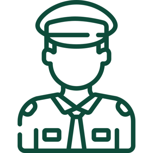 Line art icon of a soldier wearing a uniform and a peaked cap.