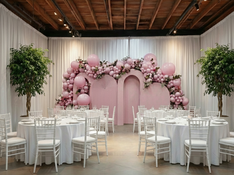 Elegant event space with white round tables, white chairs, and a decorated pink balloon backdrop with flowers, flanked by two potted trees, with a wooden ceiling and white curtains.