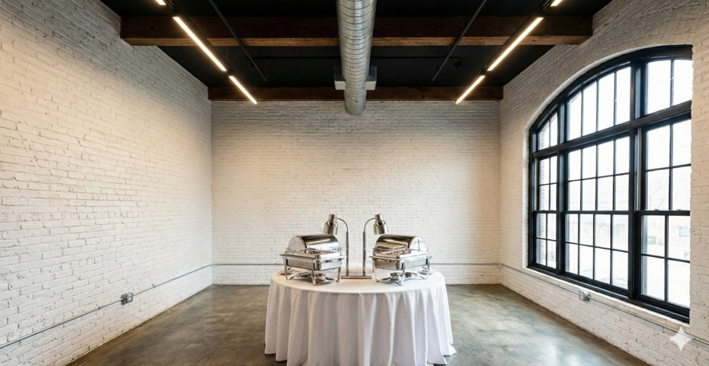 Empty room with white brick walls, large black-framed windows, and a table with two chafing dishes in the center.