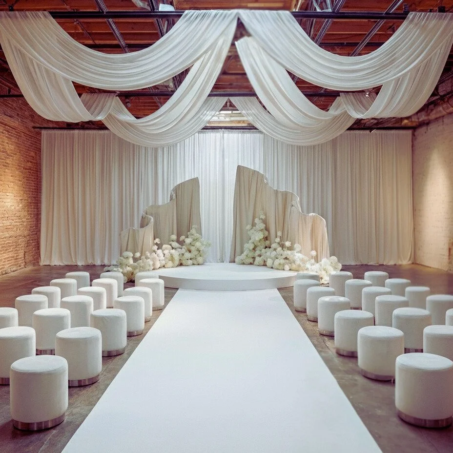 Elegant indoor wedding ceremony setup with white drapes, floral arrangements, a white aisle runner, and white cylindrical seats.