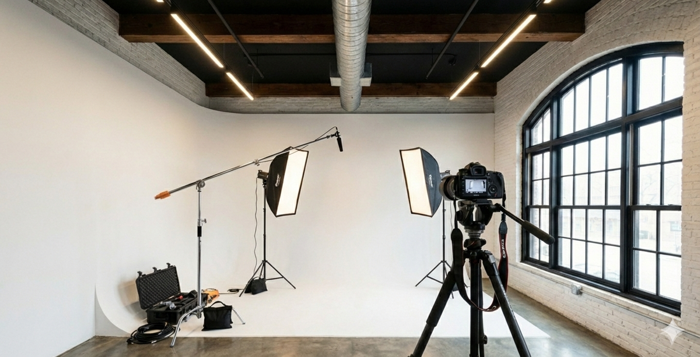Empty photography studio with white backdrop, professional lighting equipment, camera on tripod, and large arched window with black framing.