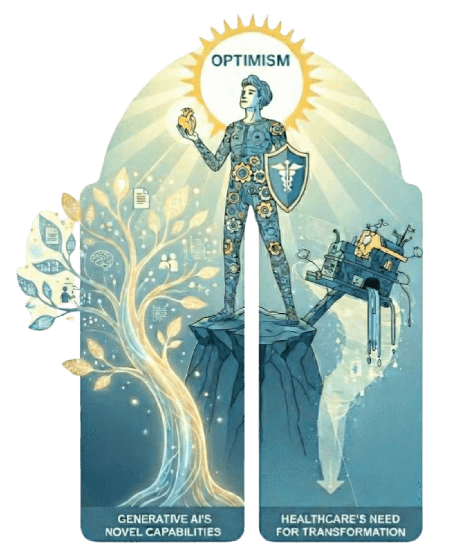 Illustration titled Optimism, showing generative AI's novel capabilities and healthcare's need for transformation