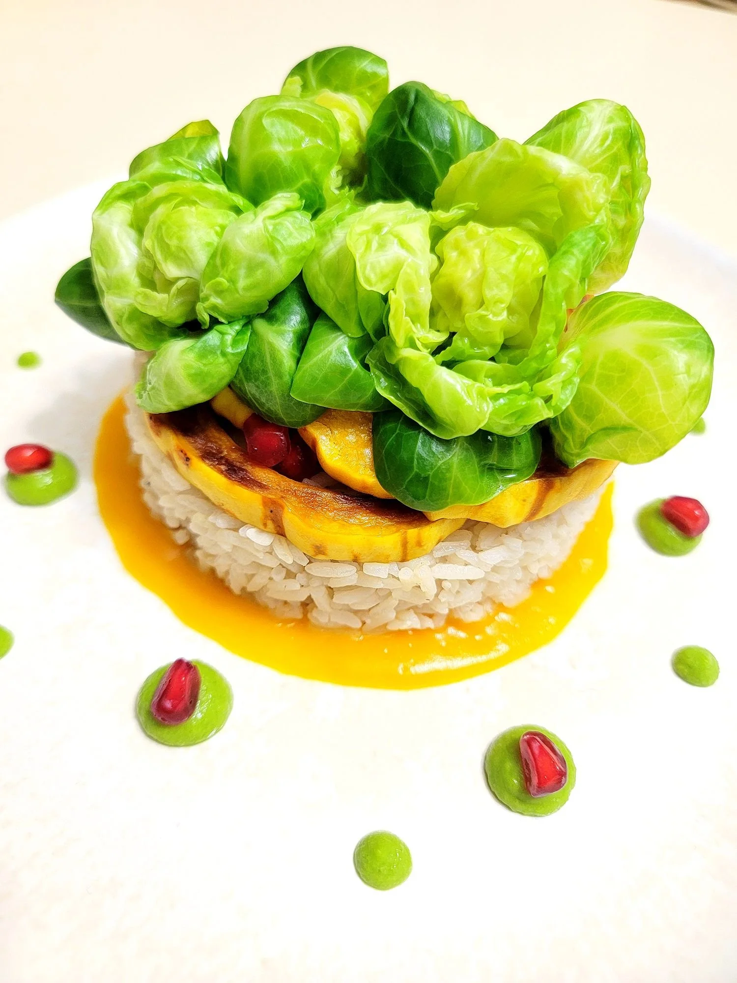 A culinary dish featuring grilled yellow squash slices, rice, and fresh green lettuce, garnished with small red and green pomegranate seeds and a yellow sauce.