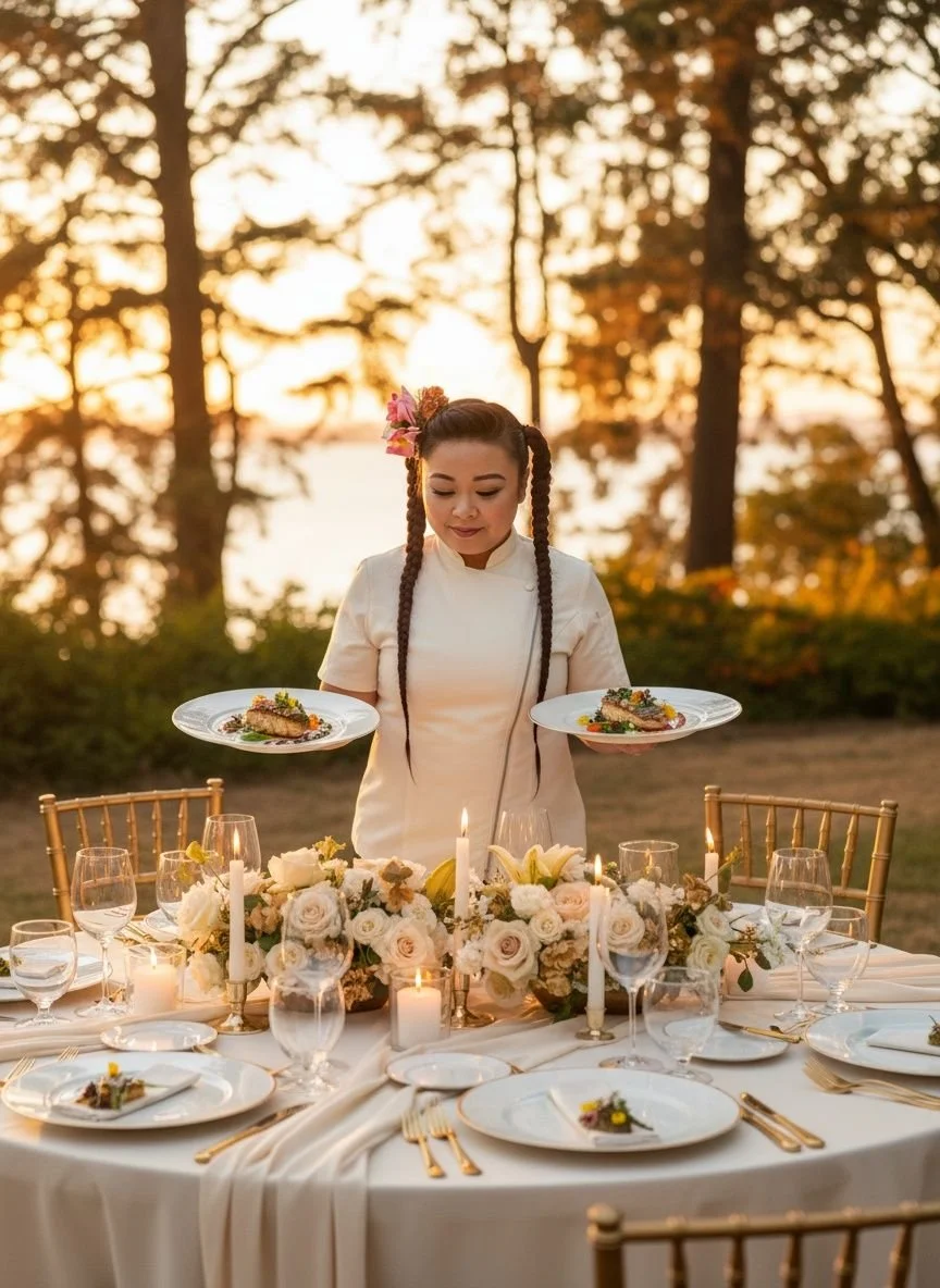 A woman in white dress standing at a beautifully decorated outdoor dinner table during sunset, holding two plates of food, with floral arrangements and candles on the table.