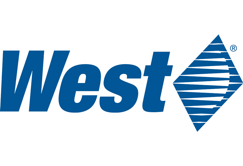 The West Corporation logo in blue with a diamond shape featuring horizontal lines to the right of the text.