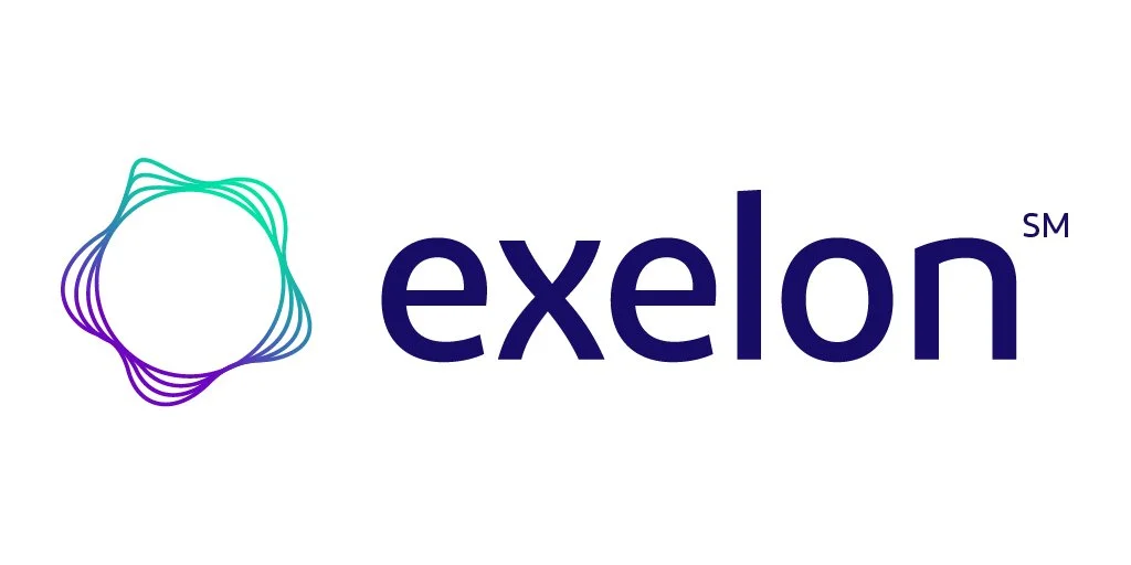 Exelon logo with a colorful abstract shape on the left and the word 'exelon' in lowercase dark blue letters on the right.
