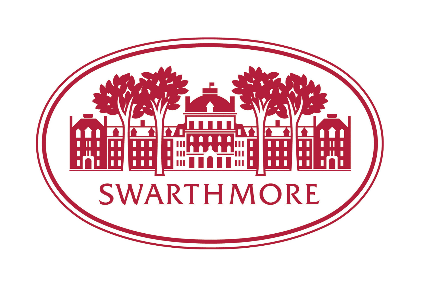 Illustration of a large mansion with symmetrical architecture, flanked by tall trees, with the word 'Swarthmore' written below.