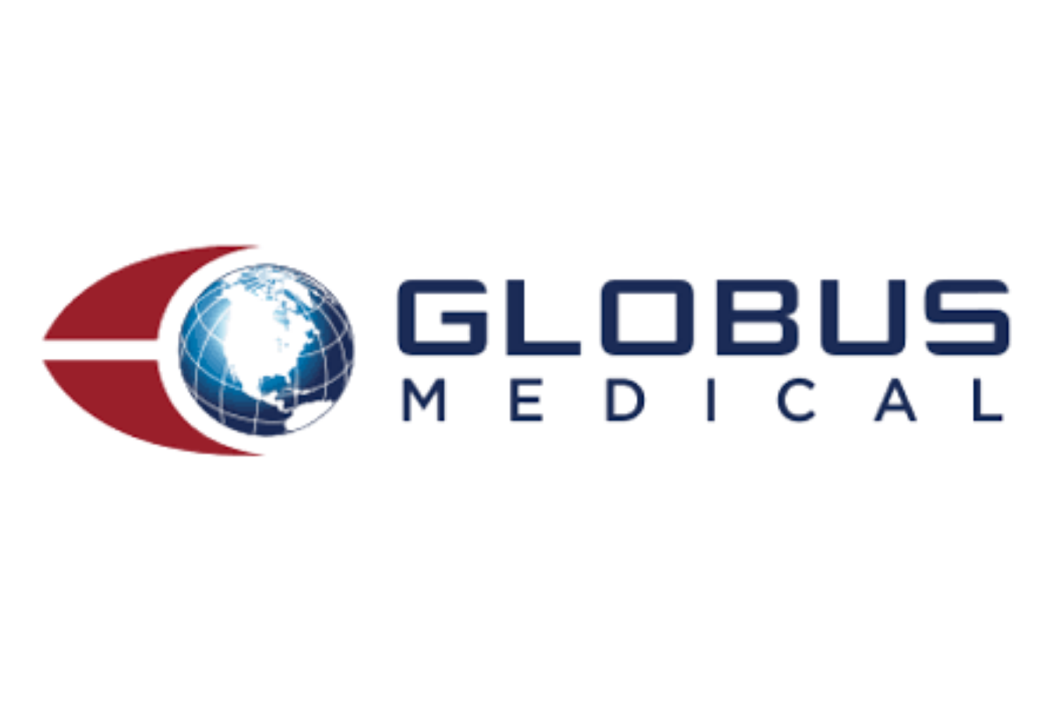 Logo of Globus Medical featuring a globe with North America visible, encircled by a red and white crescent shape, with the company name in blue text.