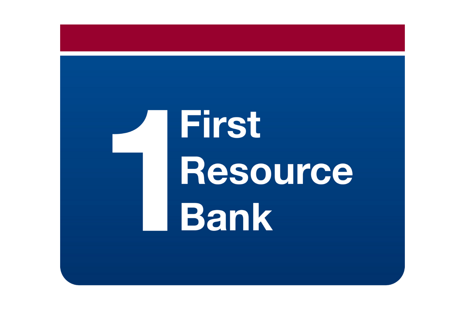 Logo for First Resource Bank with a large white number 1 and the bank's name on a blue background, topped with red and white stripes.