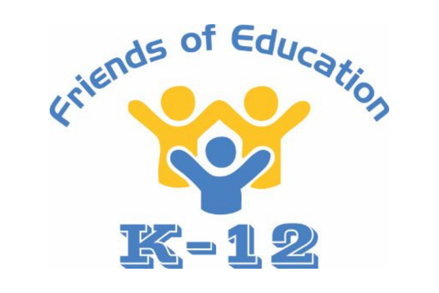Logo of Friends of Education K-12 featuring three stylized figures with raised arms, two yellow and one blue, with the text 'Friends of Education K-12' arranged around them.