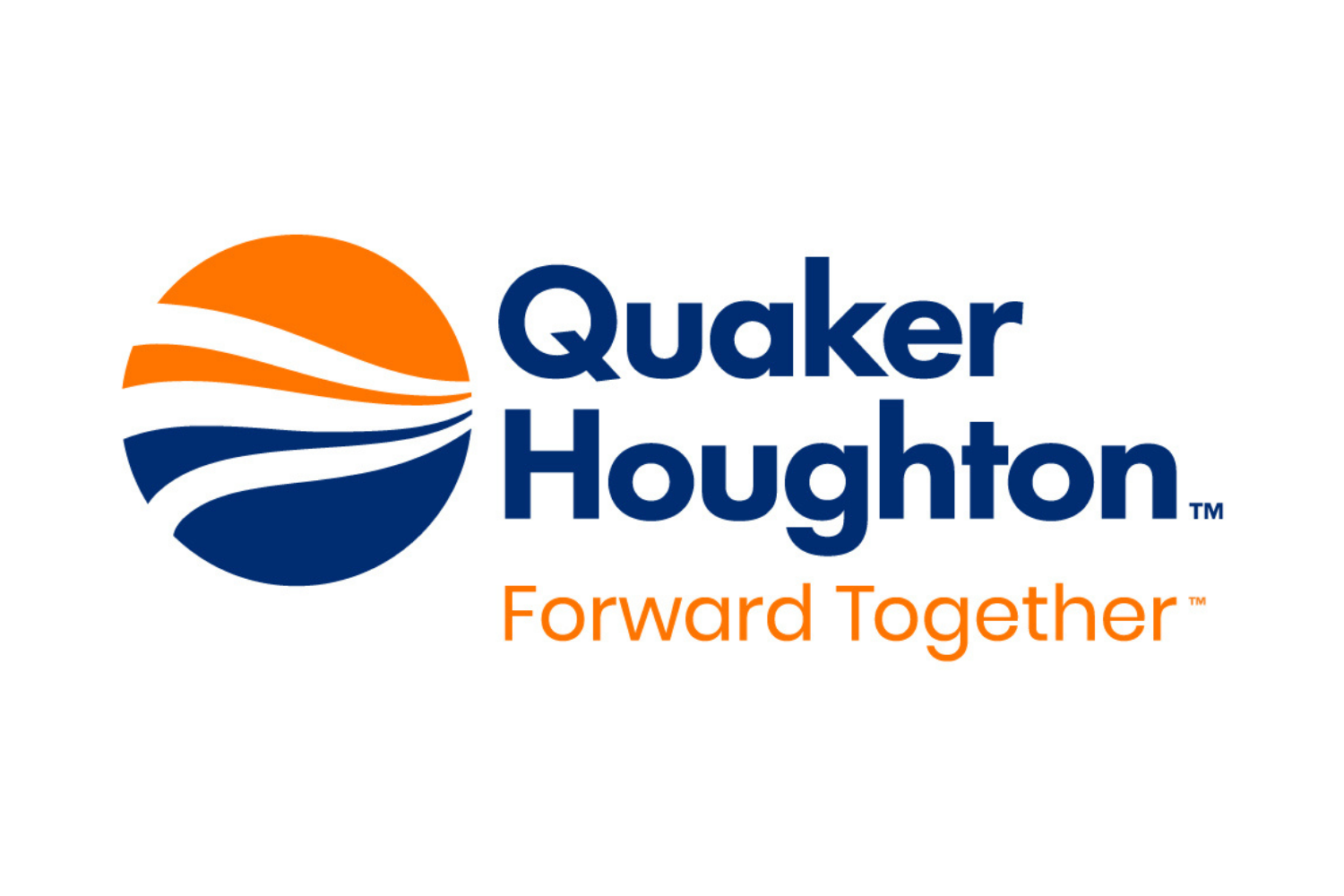 Quaker Houghton logo with a stylized globe in orange and navy blue, and the text "Quaker Houghton" in bold navy blue letters. Below it, the tagline "Forward Together" in orange.