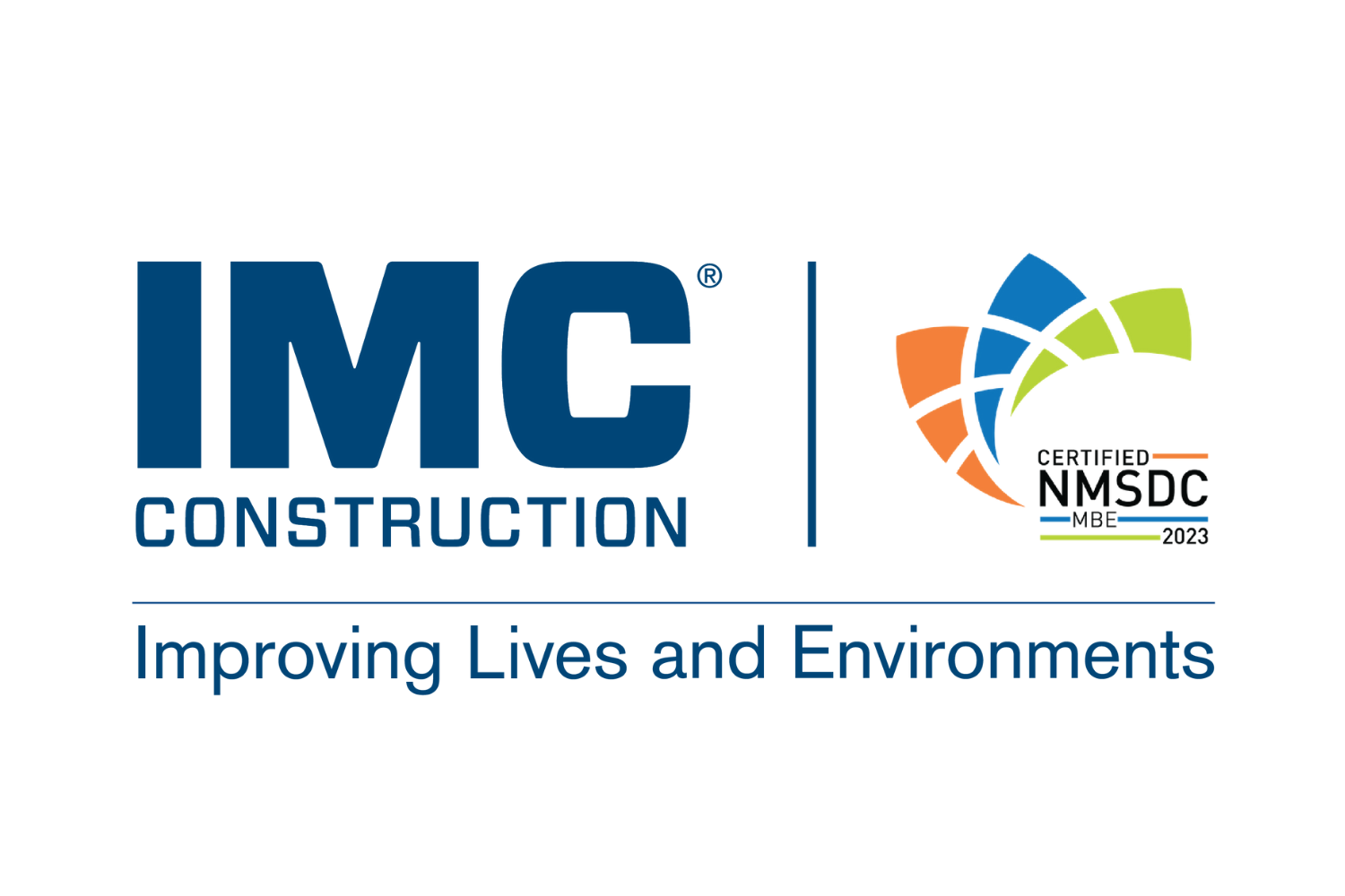 IMC Construction logo with colorful emblem and the slogan "Improving Lives and Environments"