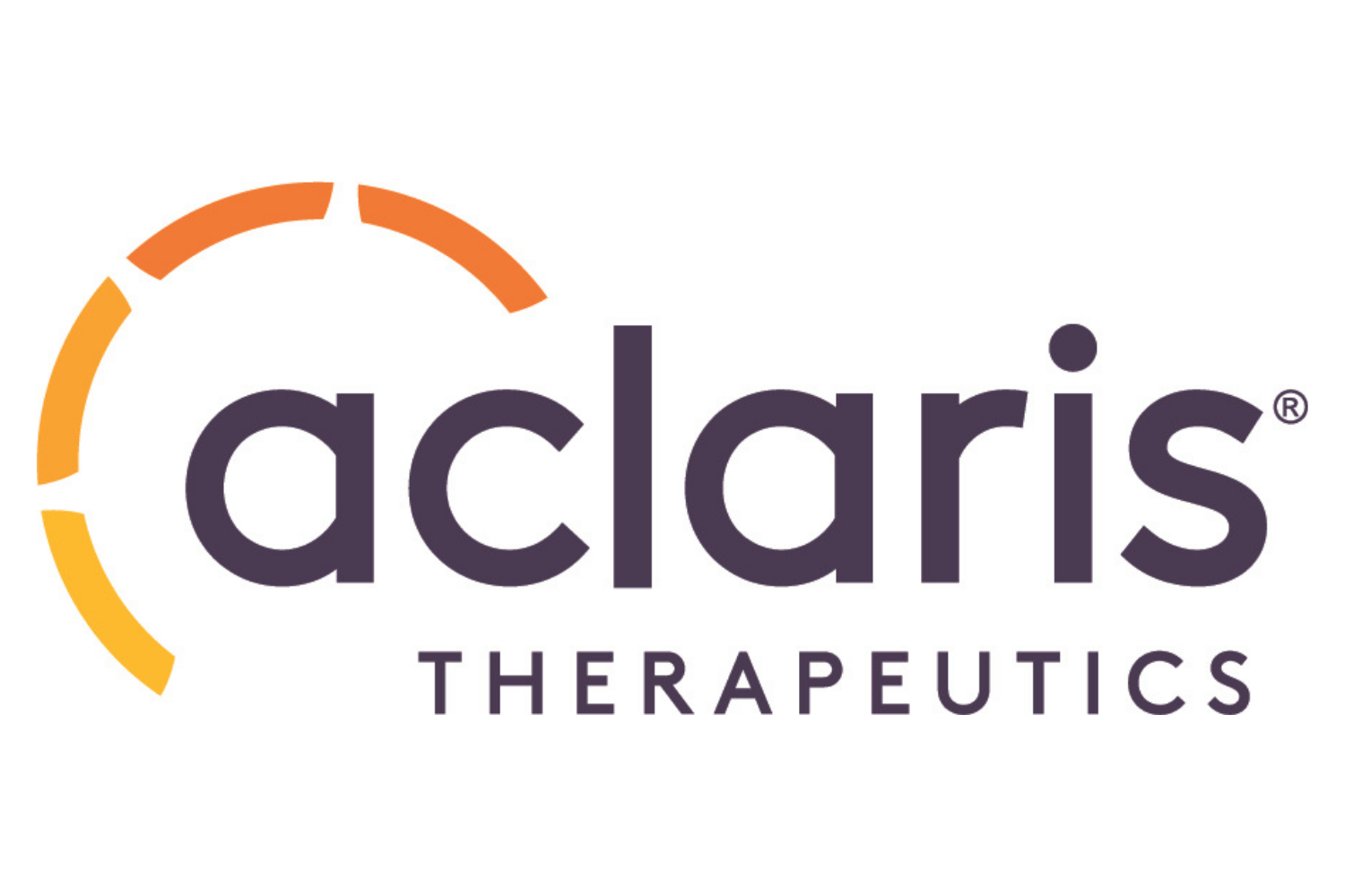 Logo of Acadia Therapeutics featuring a stylized partial circle in orange and yellow, with the company name 'acadia' in lowercase dark purple letters and 'THERAPEUTICS' underneath in smaller uppercase letters.