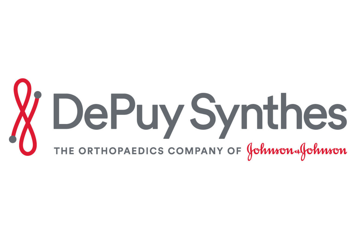 Logo of DePuy Synthes, featuring a red intertwined symbol, with the text 'DePuy Synthes' in gray, and 'The Orthopaedics Company of Johnson & Johnson' below in smaller gray and red fonts.
