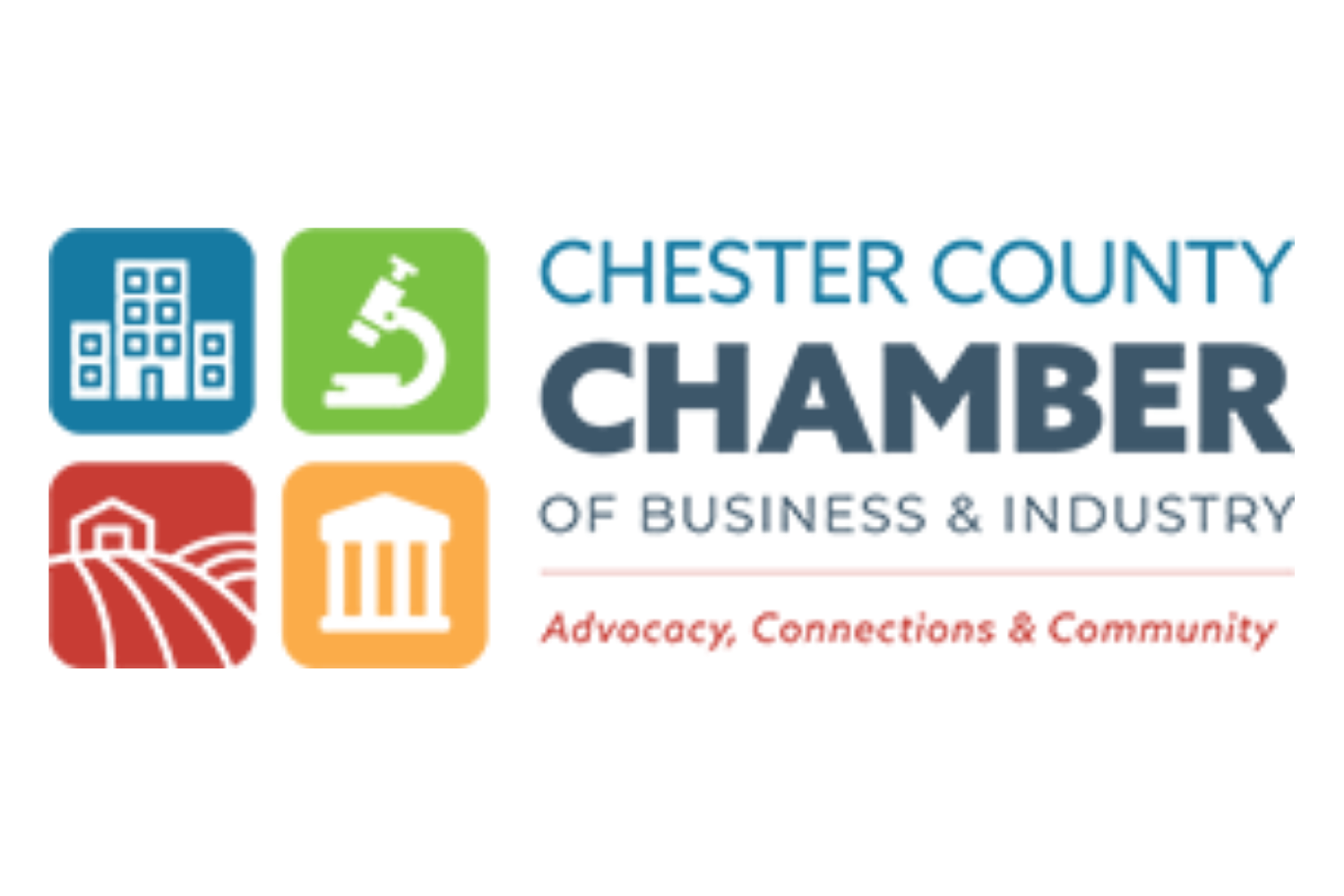 Chester County Chamber of Business & Industry logo with four colorful icons representing city, science, agriculture, and government, along with the slogan 'Advocacy, Connections & Community'.