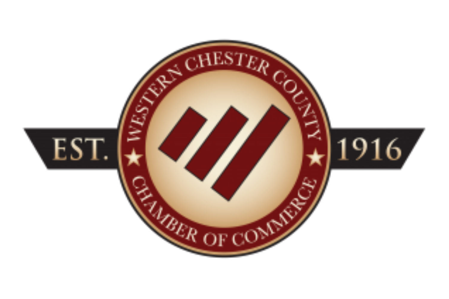 Western Chester County Chamber of Commerce logo with establishment year 1916, featuring a circular emblem with a red border, black banner, and a central emblem with three diagonal lines.
