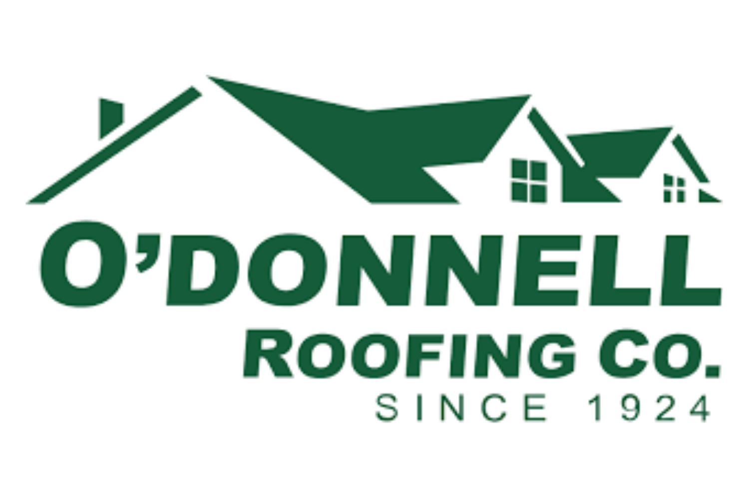 Logo for O'Donnell Roofing Co., featuring stylized green rooftops and small windows above the company name, along with the text 'Since 1924'.