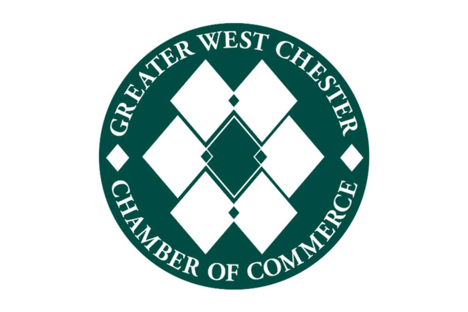 Circular logo of the Greater West Chester Chamber of Commerce with a geometric design of squares and diamonds in the center.